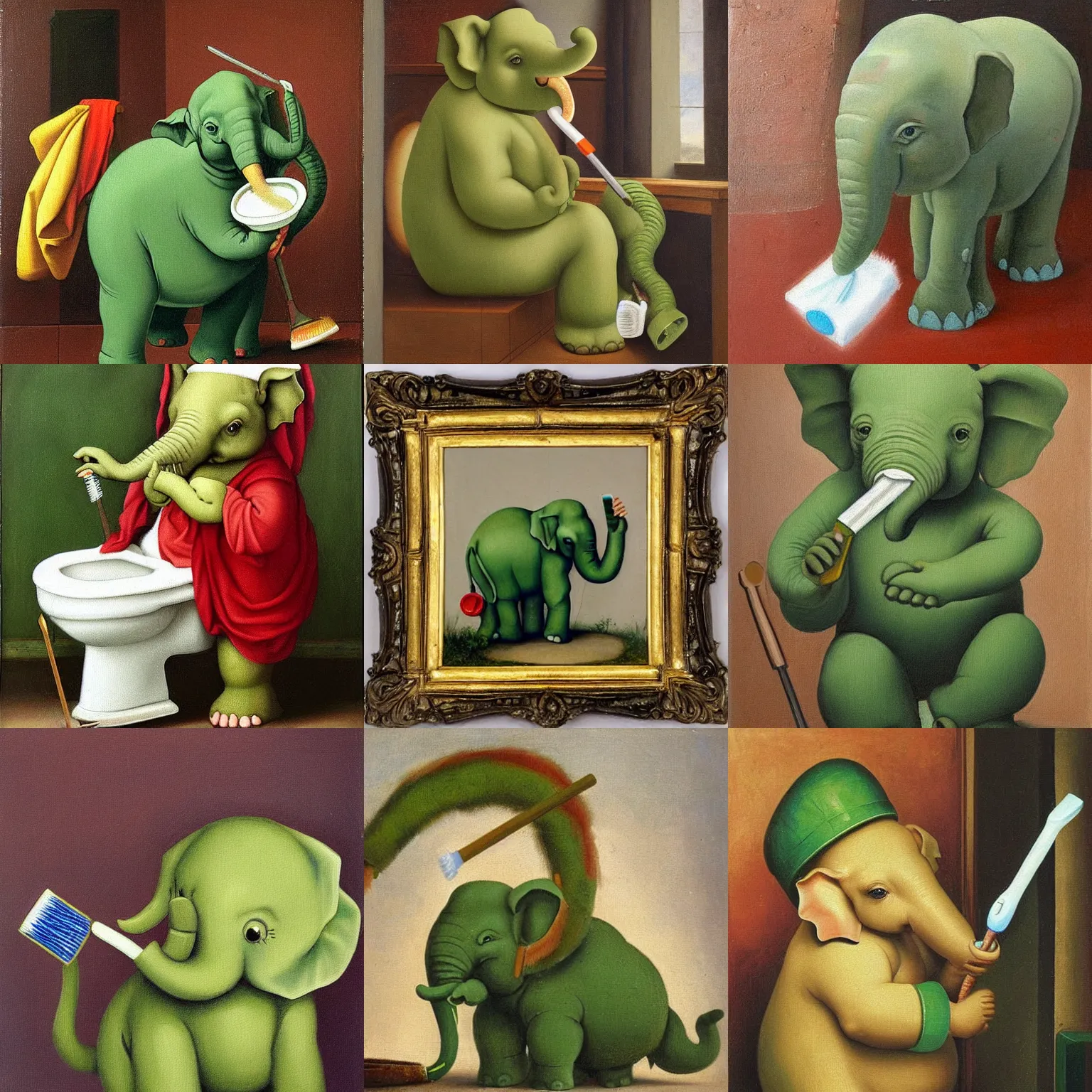 Prompt: cute little green elephant cleaning out a toilet with big toothbrush, oil painting by Raphael