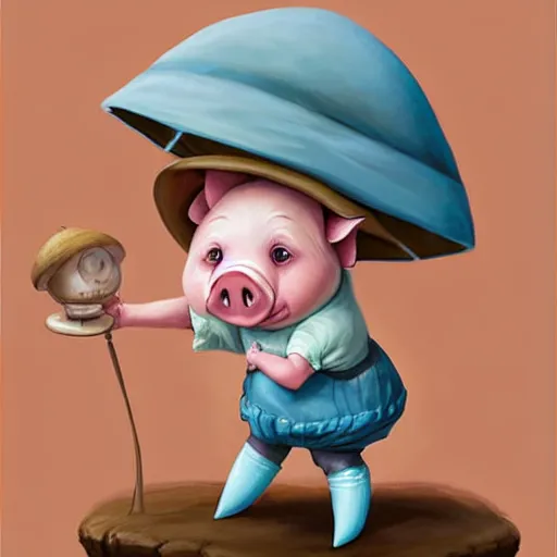 Image similar to cute little anthropomorphic funny female pig wearing shorts, a sunhat, boots and a pale blue shirt!! tiny!! fully clothed!!! small, short, cute and adorable, character art portrait, matte fantasy painting, deviantart artstation, by jason felix by steve argyle by tyler jacobson by peter mohrbacher, cinema