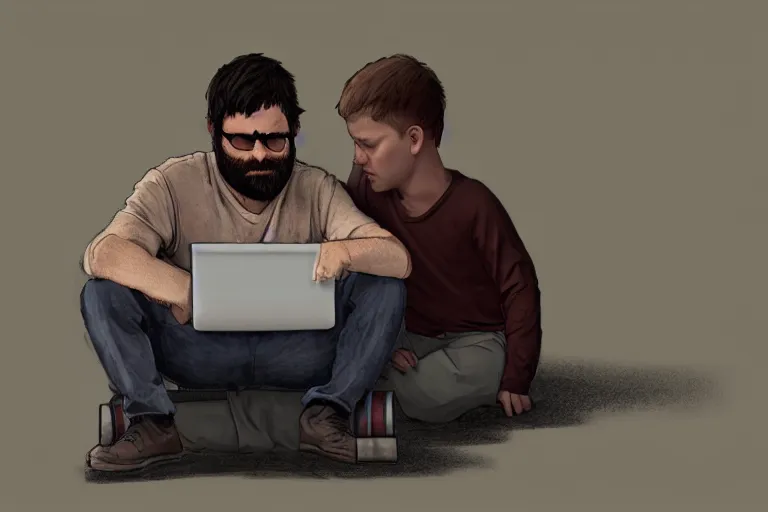 Image similar to hangover man sitting with laptop and sad crying kid staying near the man. high detail, trending on artstation