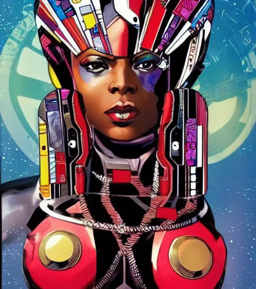Image similar to african female android, by MARVEL comics and Sandra Chevrier, 4k