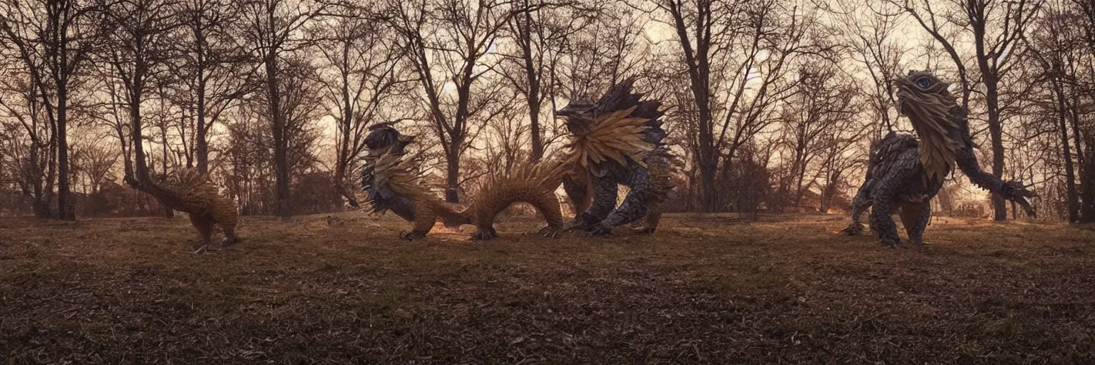 Image similar to photo of real life pokemons, creepy!!!, scaly!!!, gritty!!!, menacing!!!, evil, ultra realistic, gritty, winter, slight overcast, golden hour, volumetric lighting, sharp focus