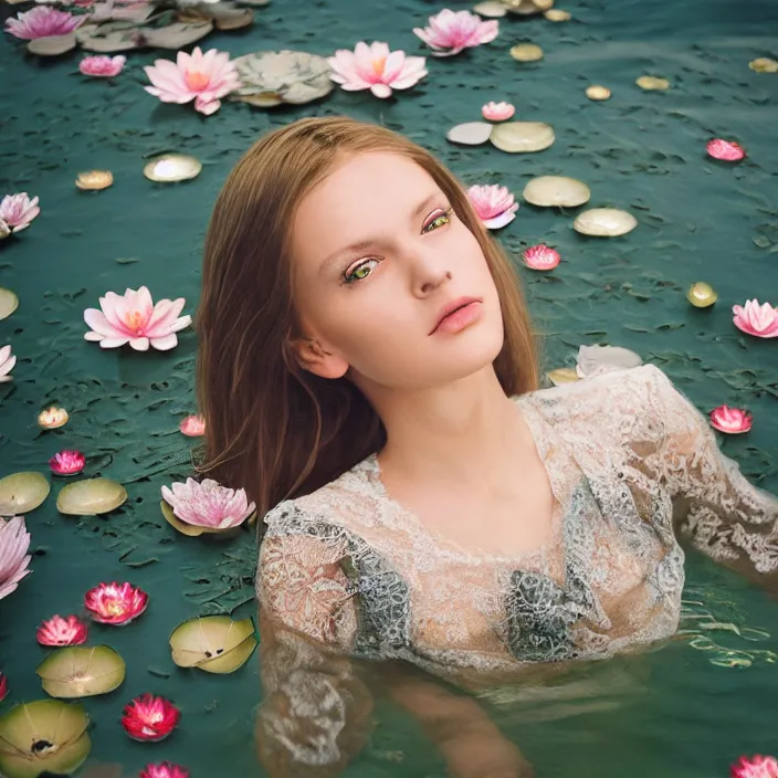 Image similar to Kodak Portra 400, 8K, soft light, volumetric lighting, highly detailed, britt marling style 3/4, photo close-up portrait of extreme beautiful girl floating in water surrounded by lily pads, half face in the water, a beautiful lace dress and hair are intricate with highly detailed realistic beautiful flowers , Realistic, Refined, Highly Detailed, natural outdoor soft pastel lighting colors scheme, outdoor fine art photography, Hyper realistic, photo realistic