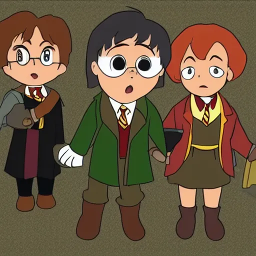 Image similar to Harry Potter, Ron and Hermiona look like ducks from a DuckTales style