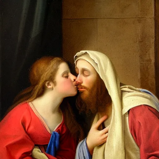 Image similar to 1 8 th oil panting of a jesus kissing with maria maddalena