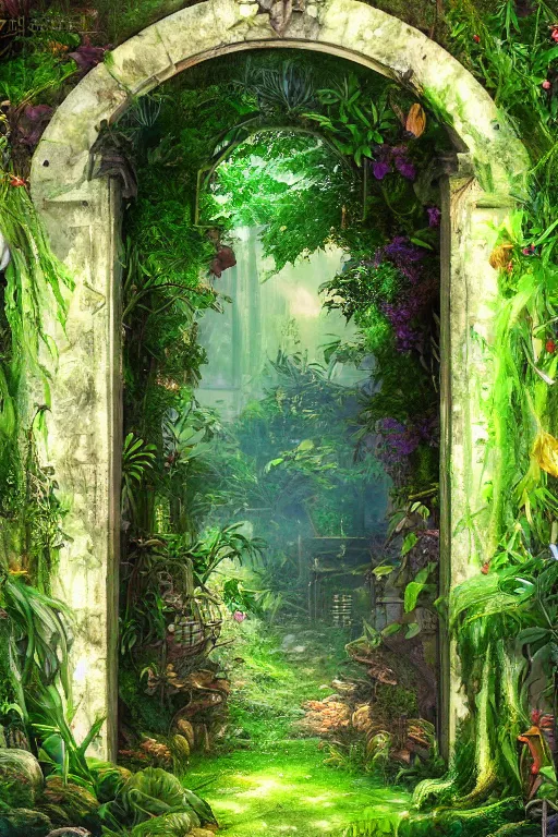 Prompt: photograph of a secret garden through a doorway, nature, lush, greenery, fantasy, fantasy aesthetic, fantasy vibe, colorful, faded effect, artstation, trending, detailed, small details, scenery,