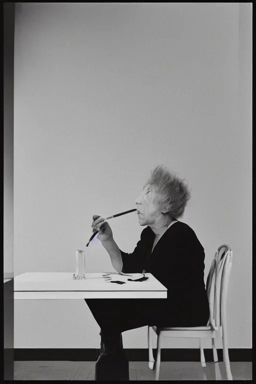 Image similar to overpainted photography portrait of a woman smoking a cigarette at a table by cindy sherman and gerhard richter, dim light, black and white