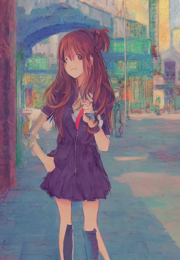 Image similar to wide angle portrait of a teenage girl, a thrifty outfit, very anime in impressionist style, city street view background, anime trending artwork, anime painter studio, by claude monet