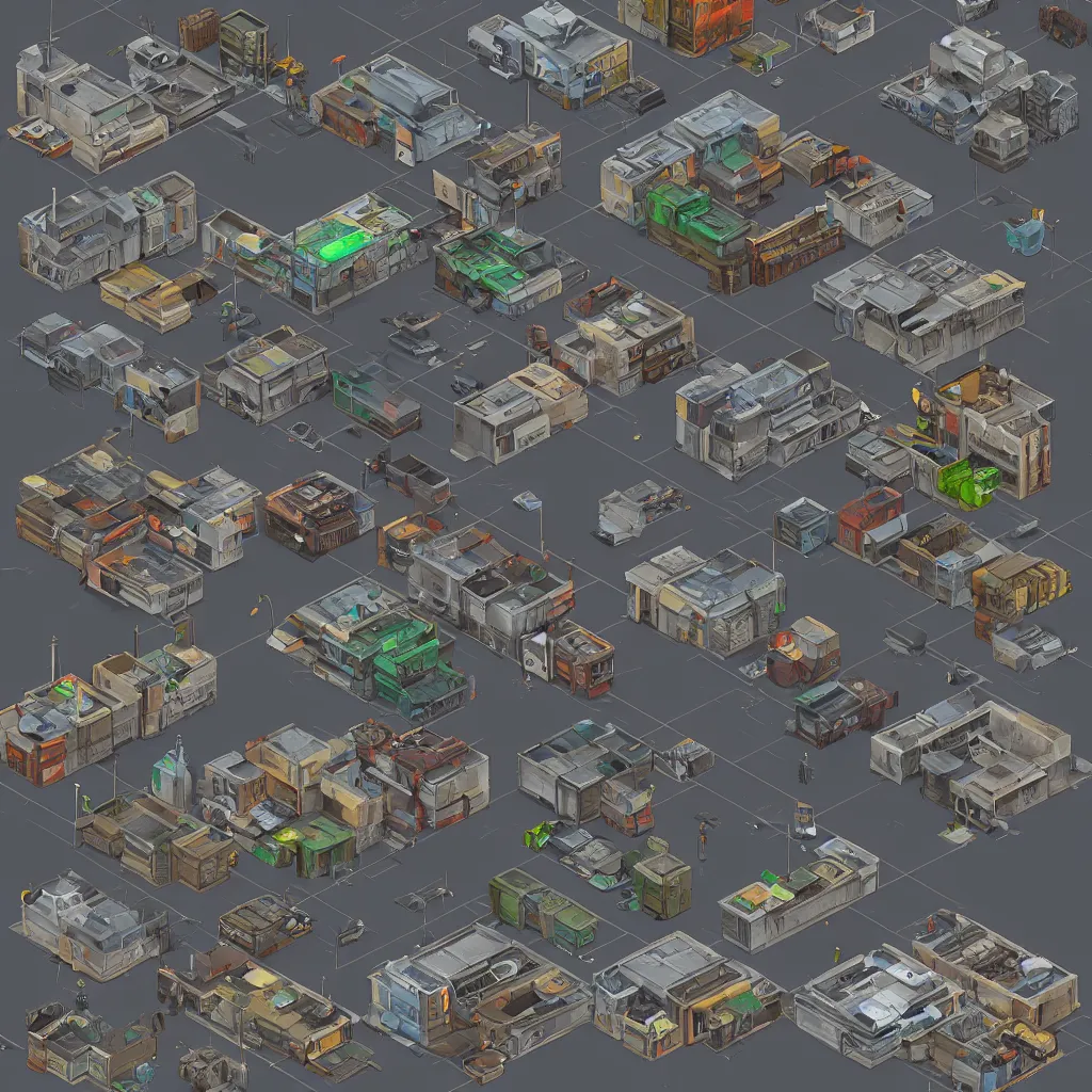 Prompt: assets for a 2. 5 d street building game, cyberpunk style, square sprites, blender cycles, ambient shadow, realistic colors