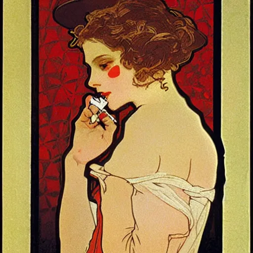 Image similar to cigarette in woman's hand painting by mucha