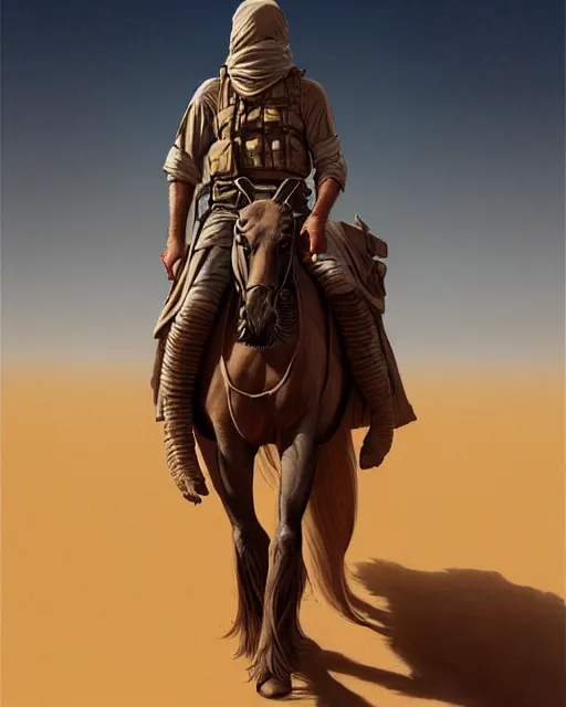 Image similar to male desert stalker, lonely rider, covered head | | realistic shaded, fine details, realistic shaded lighting poster by greg rutkowski, diego gisbert llorens, magali villeneuve, artgerm, jeremy lipkin and rob rey