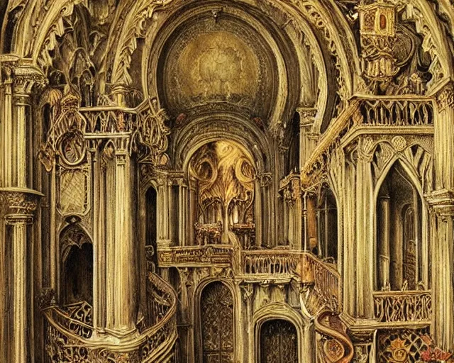 Prompt: gothic mansion, ornate, magical, elegant, artwork, paint, complimentary - colors, by carlo crivelli