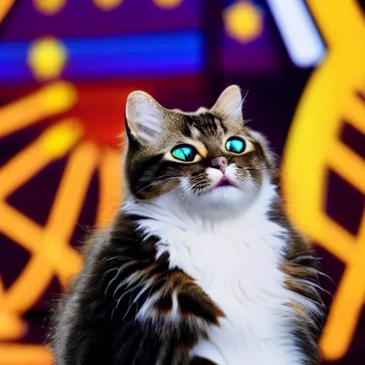 Image similar to real photo of a cat singing on the stage of eurovision 2 0 2 2