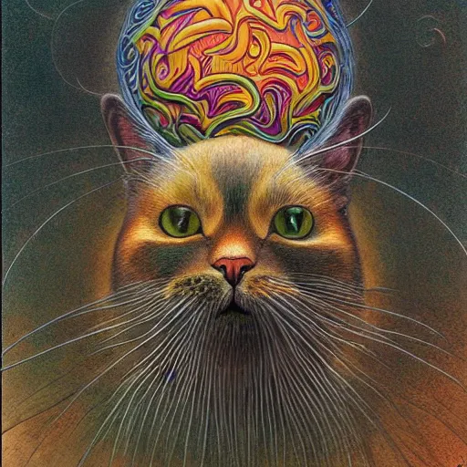 Image similar to a cat having an ego trip, by alex grey, by Esao Andrews and Karol Bak and Zdzislaw Beksinski and Zdzisław Beksiński, trending on ArtStation