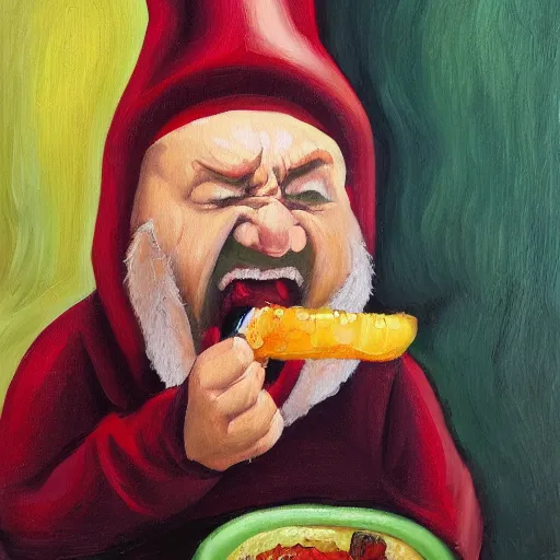 Image similar to oil painting of an angry gnome screaming while eating