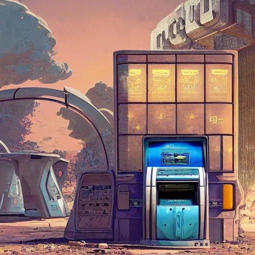 Prompt: detailed painting of a scifi abandoned atm, celestial ephemeral ornaments and art nouveau architecture, artstation, syd mead, in africa, cinematic