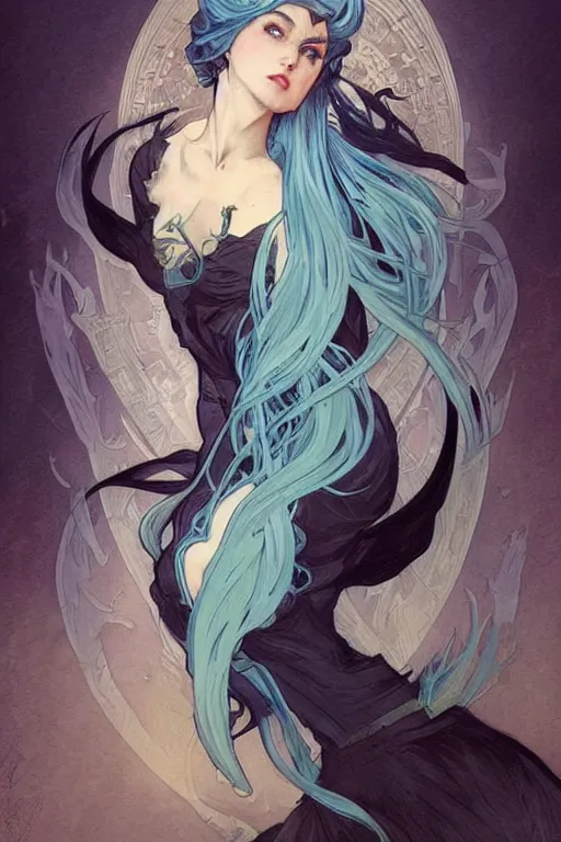 Image similar to fullbody!! dynamic action pose illustration, art by artgerm and greg rutkowski and alphonse mucha, beautiful woman with blue hair, antlers on her head, long flowing intricate black dress, dnd, face, fantasy, intricate, elegant, highly detailed, digital painting, artstation, concept art, smooth, sharp focus,