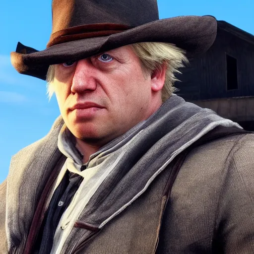 Prompt: Film still of Boris Johnson, from Red Dead Redemption 2 (2018 video game)