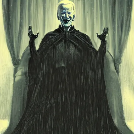 Prompt: joe biden sitting on a throne in a dark evil room with a cloak obscuring his eyes, evil grin, horror, terrifying artwork