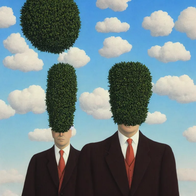 Image similar to portrait of a faceless beautiful flower - head man in a suit, clouds in the background, by rene magritte, detailed painting, distance, middle centered, hd, hq, high resolution, high detail, 4 k, 8 k