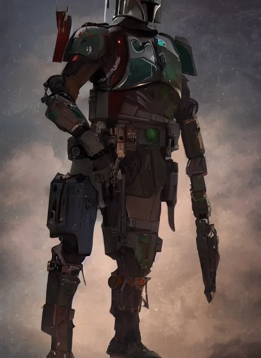 Prompt: cyberpunk heavy armor!! x boba fett, digital art, character mashup, epic volumetric lighting, combination art