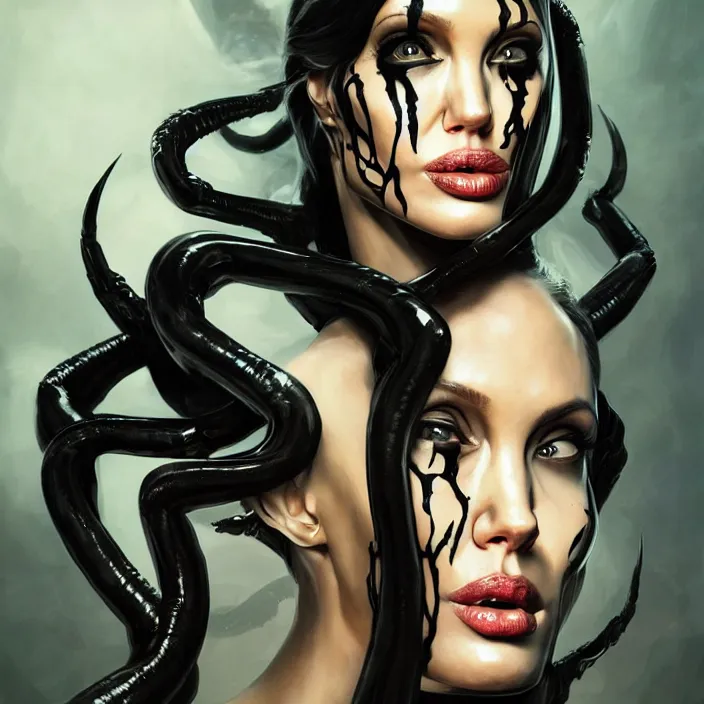 Image similar to portrait of Angelina Jolie as Venom. intricate abstract. intricate artwork. by Tooth Wu, wlop, beeple, dan mumford. octane render, trending on artstation, greg rutkowski very coherent symmetrical artwork. cinematic, hyper realism, high detail, octane render, 8k, iridescent accents