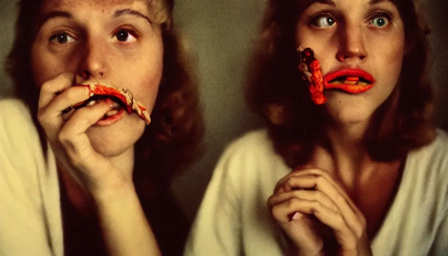 Image similar to 7 0 s movie still portrait of a woman with fungus in the mouth, cinestill 8 0 0 t 3 5 mm technicolor, heavy grain, high quality, high detail