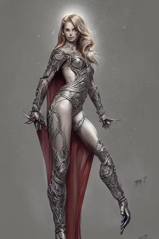 Image similar to three-quarters pose of a beautiful woman, slim body, shining armor, elf warrior, fantasy, intricate, elegant, highly detailed, digital painting, artstation, concept art, matte, sharp focus, illustration, art by Artgerm and Peter Andrew Jones