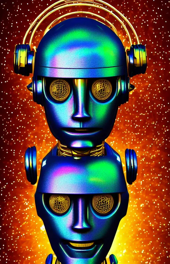 Image similar to portrait of a robot humanoid alien with golden armature, Lionel Messi face and medieval helmet. Galactic iridescent background in the style of Tim white and moebius