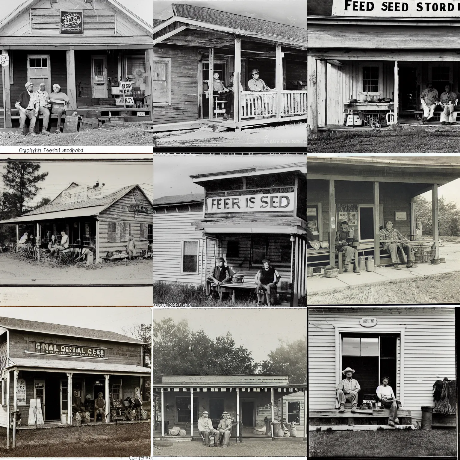 Prompt: photograph of a rural general store / sneed's feed and seed /, with two rednecks sitting on a porch outside the building.