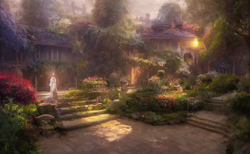 Image similar to Beautiful garden, next to a haven and a mystical palace, intricate, elegant, volumetric lighting, digital painting, highly detailed, artstation, sharp focus, illustration, concept art, ruan jia, steve mccurry