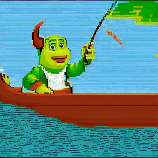 Image similar to 6 0 0 px by 6 0 0 px. expensive pixel work, dithered masterpiece, pixel art shrek fishing on a sailboat