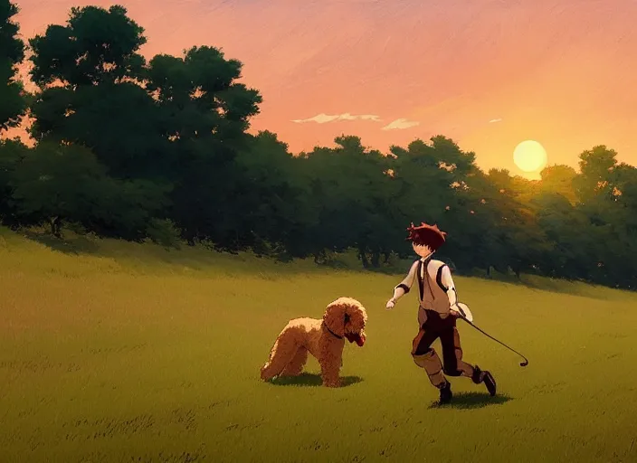 Prompt: france 1 9 2 0's, young adult running with his goldendoodle dog on a green meadow, golden hour, finely detailed perfect art, gapmoe yandere grimdark, trending on pixiv fanbox, painted by greg rutkowski makoto shinkai takashi takeuchi studio ghibli