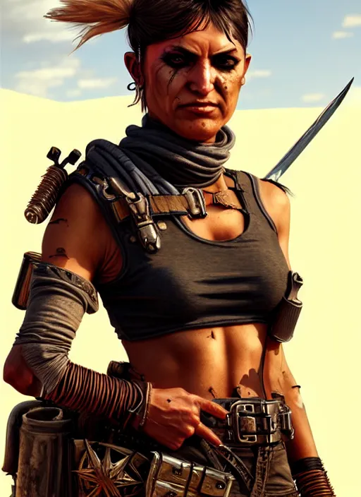 Image similar to mad max style warrior woman in desert _ unreal _ 5 _ daz. _ rpg _ portrait _ extremely _ detailed _ artgerm _ greg _ rutkowski _ greg