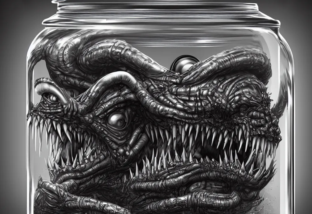 Prompt: Photorealistic miniature monster inside a jar on clean background by H.R. Giger, KDA and Sam Yang, trending on artstation