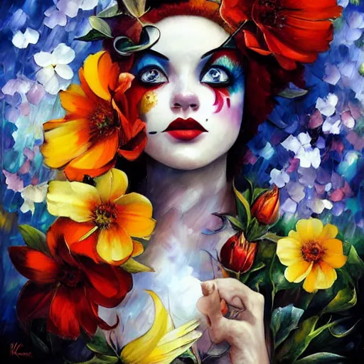 Image similar to flower clown by arthur adams, charlie bowater, leonid afremov, chiho ashima, karol bak, david bates, tom chambers