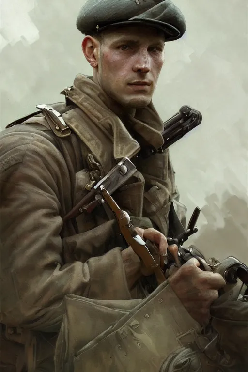 Image similar to A full portrait of a world war two soldier, intricate, elegant, highly detailed, digital painting, artstation, concept art, smooth, sharp focus, illustration, art by Krenz Cushart and Artem Demura and alphonse mucha