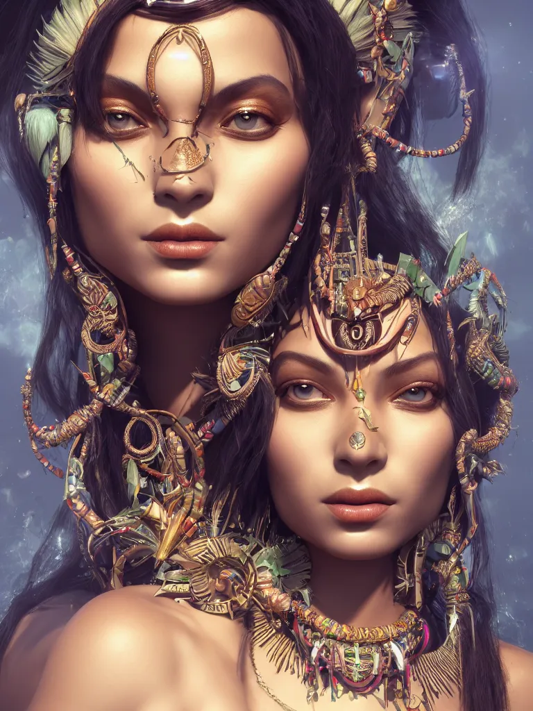 Image similar to a centered render of an alluring tribal goddess, full body, gorgeous face, perfect face, powerful, by anna dittmann, 3 d, trending on artstation, octane render, 8 k