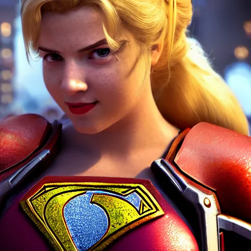 Image similar to portrait of princess peach as superman in gears of war, splash art, movie still, detailed face, photorealistic facial features, cinematic lighting, dramatic, octane render, long lens, shallow depth of field, bokeh, anamorphic lens flare, 8 k, hyper detailed, 3 5 mm film grain