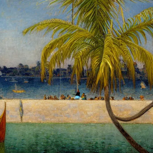 Prompt: a ultradetailed beautiful painting of a old boat in the amazonas palace balustrade designed by jules bastien - lepage, tarsila do amaral, frank weston and gustave baumann, beach, trending on artstation, mediterranean, palm trees, sharp focus, soft light, 8 k 4 k