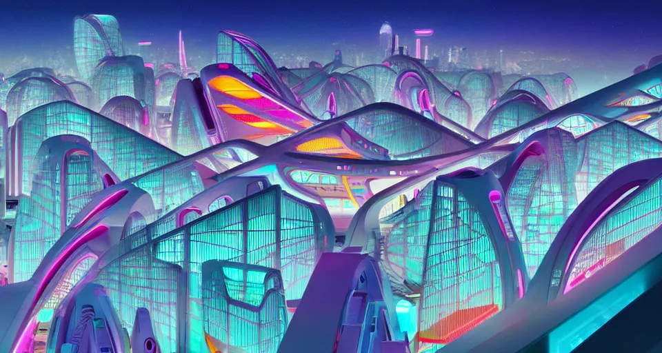 Image similar to a layout of amazing brightly colored sci - fi city designed by zaha hadid, cinematic lighting, detailed, beautiful colors, by greg rutowski and studio ghibli