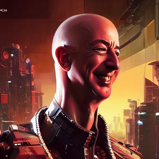 Prompt: front view, vicious, crazy laughing portrait of Jeff Bezos as a cyberpunk 2077 loading screen, symmetry, ominous, intricate, studio, art by anthony macbain + greg rutkowski + alphonse mucha, concept art, 4k, sharp focus