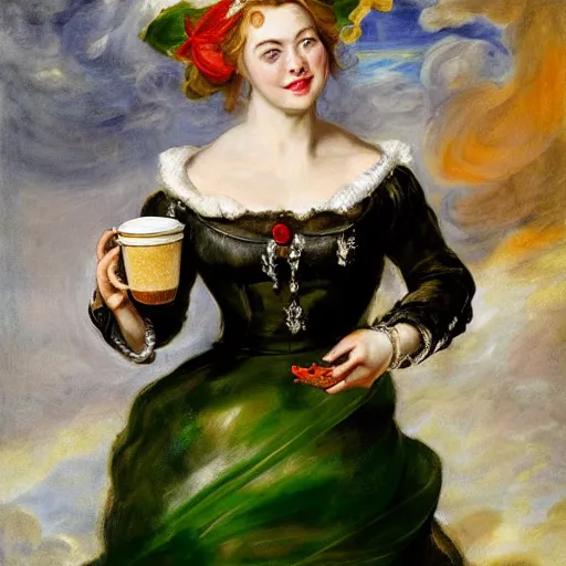 Image similar to heavenly summer sharp land sphere scallop well dressed lady holding a starbucks coffee cup, auslese, by peter paul rubens and eugene delacroix and karol bak, hyperrealism, digital illustration, fauvist, starbucks coffee cup green logo