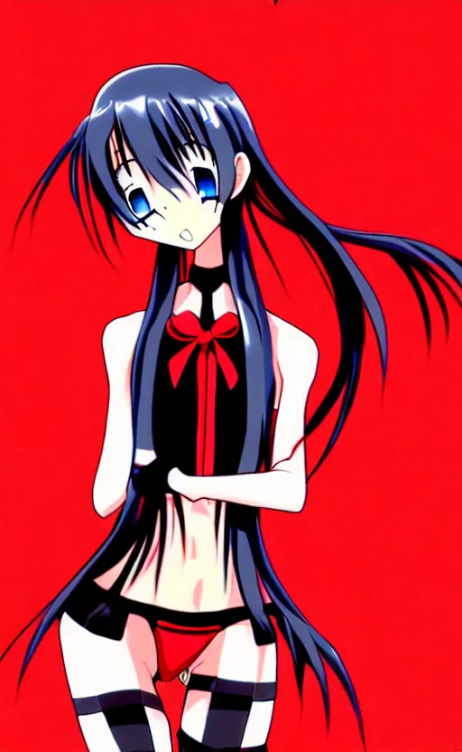 Image similar to anime girl with a detailed face and black hair in a red outfit under an empty space, full body, trending, illustration, by hiroyuki imaishi