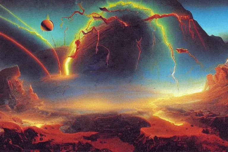 Image similar to mesozoic cosmic upheaval turmoil landscape in the style of dr. seuss, orbital laser bombardment, painting by albert bierstadt