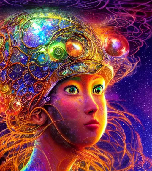 Prompt: portrait of a fantasycore glitchcore bonsai in a helmet. intricate abstract. intricate artwork. celestial. prismatic, by josephine wall, pixar, ghibli. octane render, CGSociety very coherent symmetrical artwork. cinematic, hyper realism, high detail, octane render, 8k, holographic accents