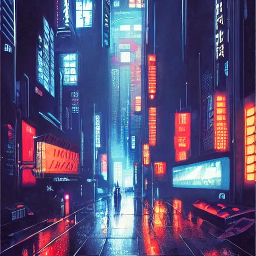 Prompt: high detailed cyberpunk rainy city at night with a torii in the background by Syd Mead, high quality, 4K, UHD, trending on ArtStation, blade runner vibes, ghost in the shell