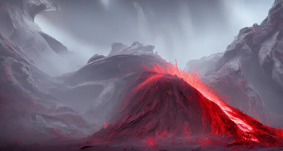 Prompt: a volcano made of ivory vines and crimson rocks enters in eruption, it spits a smoke in the shape of demonic eye, by Blizzard Concept Artists