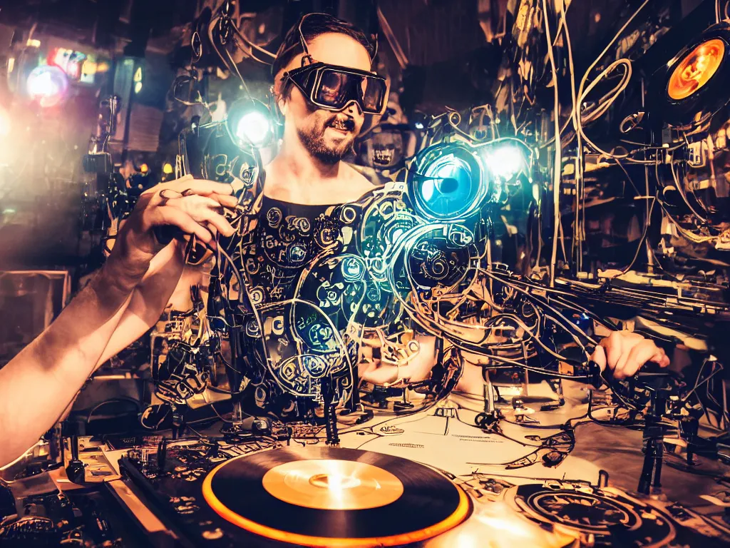 Image similar to a person wearing goggles and visor and headphones using a steampunk record player contraption, wires and tubes, turntablism dj scratching, intricate planetary gears, cinematic, imax, sharp focus, leds, bokeh, iridescent, black light, fog machine, hazy, lasers, hyper color digital art, cyberpunk