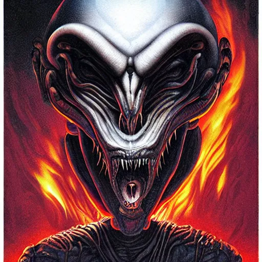 Prompt: doom giger alien demon portrait in hell, fire and flame , Pixar style, by Tristan Eaton Stanley Artgerm and Tom Bagshaw.