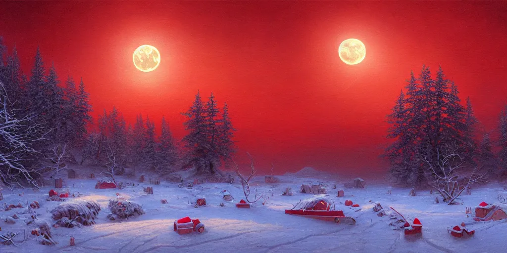 Image similar to painting a snowy landscape under a large blood red harvest supermoon, decorated, intricate, elegant, highly detailed, digital painting, artstation, concept art, smooth, sharp focus, illustration, art by gerald brom, 8 k